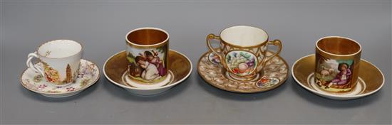 Four Italian porcelain cups and saucers, 19th century, including Doccia, saucers 11 -13.5cm